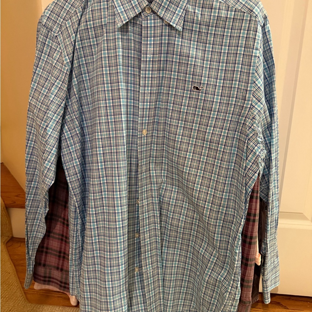 Vineyard Vines Men's Blue and Green Plaid Shirt